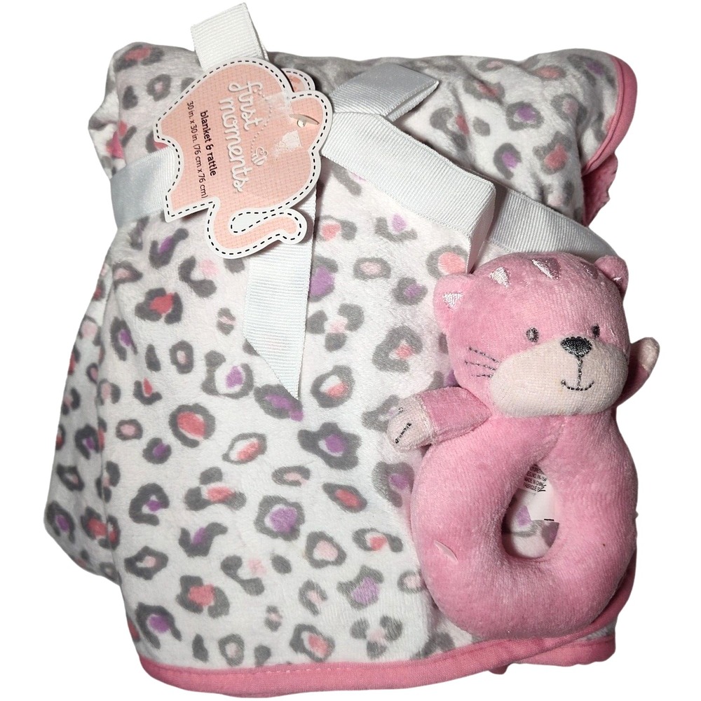 First Moments‎ Pink Plush Cheetah Leopard Cat Baby Blanket Rattle Toy Set NWT